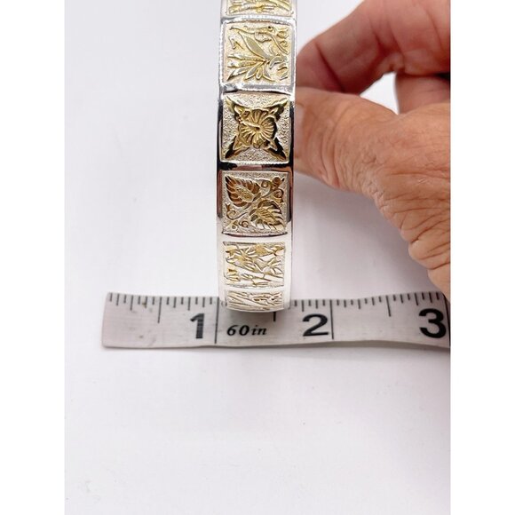 Vintage Sterling Silver & Gold Vermeil Panel Bangle Bracelet 925 Floral Motif - Picture 3 of 7